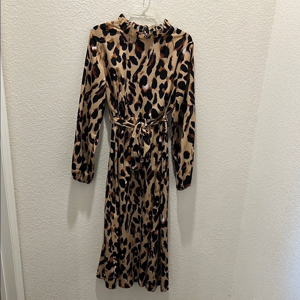 SHEIN Tan Brown Wrap Tie Front Dress with Bishop Sleeves